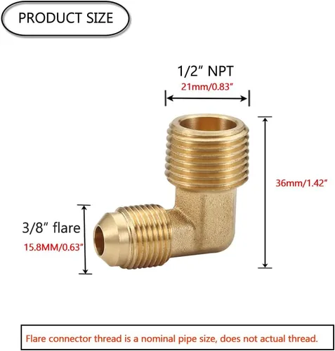 Vista 4 de HQMPC Accesorios de latón Flare Codo de latón 3/8 "Flare x 1/2 "NPT Tubo de latón Adaptador de codo de 90 grados 2PCS