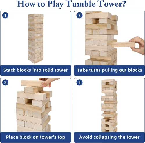 Vista 3 de Offelec Juegos de Bloques de Torre Tambaleante, Juego de Apilamiento de Bloques de Madera Grandes para Niños Adultos Familia, Juegos de Mesa
