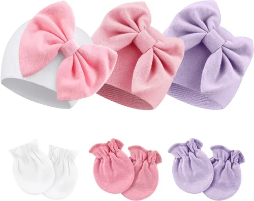 Vista 11 de BQUBO Gorros para Niñas Recién Nacidas Conjunto de Gorro y Manoplas para Bebé Gorros para Infantes con Moño Gorro de Hospital con Manoplas