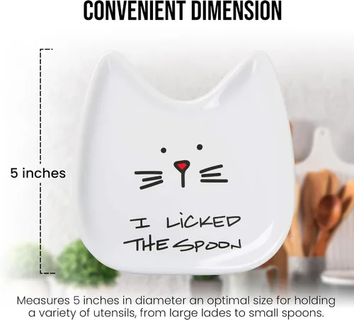 Vista 5 de Pavilion Gift Company Blobby Cat plato apoya cucharas "I Licked the Spoon" de 5 pulgadas, color blanco
