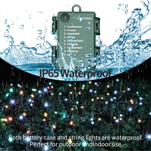 Vista 3 de LAMPHOME Luces de Navidad multicolor que funcionan con pilas, 34.1 pies, 100 luces LED impermeables de cadena para árbol de Navidad con 8 modos