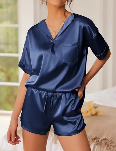 Vista 2 de Ekouaer Conjunto de pijama de satén de seda con cuello en V para mujer, conjunto de pijama de 2 piezas