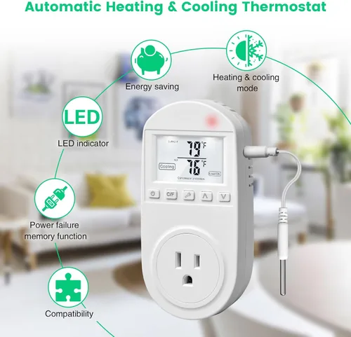 Vista 2 de briidea - Toma de temperatura controlada, salida de termostato compatible con aire acondicionado de ventana, calentadores de espacio, ventiladores