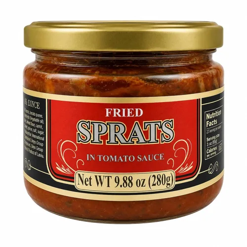 Vista 4 de Riga Gold Espadines fritos en salsa de tomate, frasco de vidrio de 9.88