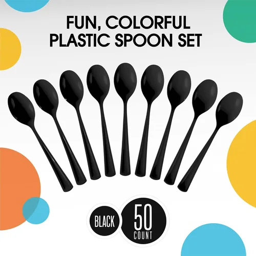 Vista 3 de Exquisite Cucharas de plástico negras, 50 piezas, cucharas negras, utensilios desechables, juego de cubiertos de plástico resistente