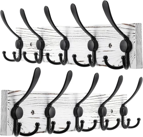 Vista 11 de Kuhome Perchero de madera para colgar sombreros de pared, tablón de madera real de pino de 16.9 pulgadas, color marrón, con 5 ganchos triples