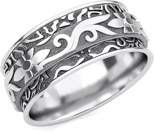 Vista 12 de 925 Sterling Silver Spinner Anxiety Fidget Ring for Women 3 rayas y flores