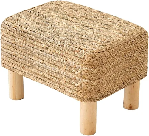 Vista 11 de Taburete redondo otomano natural de algas marinas, taburete de pie con 4 patas de madera, taburete redondo tejido a mano, taburete de sofá, taburete