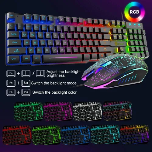 Vista 2 de Teclado de juego 5 en 1 con cable para auriculares y altavoz Combo con retroiluminación multi RGB ergonómico de 104 teclas de micrófono ajustable