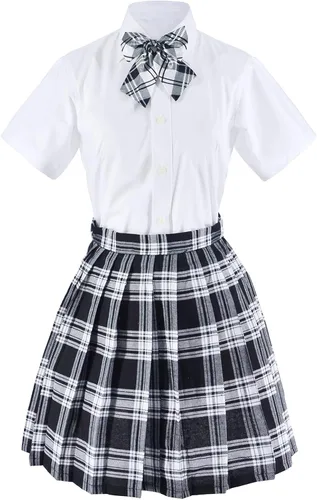 Vista 9 de Uniforme escolar japonés de tartán plisado para cosplay disfraz con calcetines gafas marco conjunto