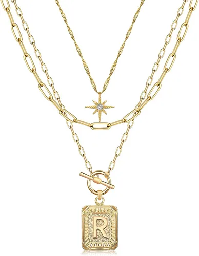 Vista 26 de MJartoria Collares con iniciales en capas para mujer, modernos, chapados en oro de 14 quilates, cadena de papel, collar sencillo con dije de Dorado