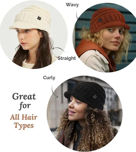 Vista 5 de Hat Hut Gorros de invierno para mujeres y hombres, con forro de satén, gorro de invierno para mujer, gorro con visera de ala