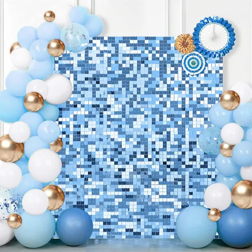 Vista 4 de 12 paneles cuadrados de lentejuelas brillantes para pared color azul claro (Baby Blue) telón de fondo decorativo para fiestas de bodas
