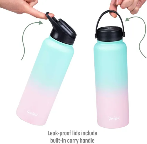 Vista 5 de Goodful Botella de agua de doble pared sellada al vacío, aislada con dos tapas intercambiables, tapas para beber o tragar, a prueba de fugas, boca