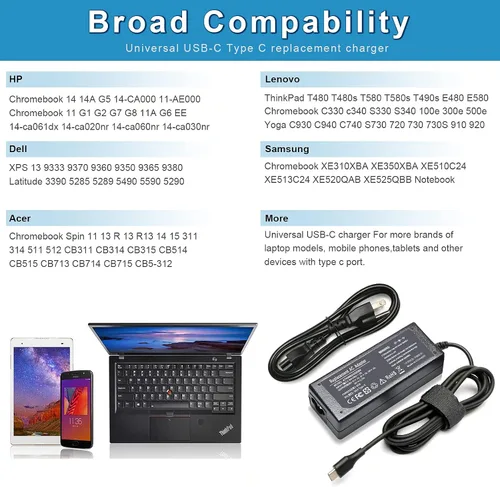 Vista 5 de Adaptador de cargador USB-C tipo C de 65W 45W para Acer Chromebook Spin 15 13 11 315 713 311 314 R13 CB315 CP315 CP311 CB311 CP713 C933 CB5-312