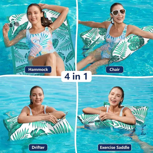 Vista 2 de Jasonwell Hamaca de agua para piscina, flotadores inflables de tela 4 en 1 (silla de montar, tumbonas flotantes), tumbonas flotantes para piscina