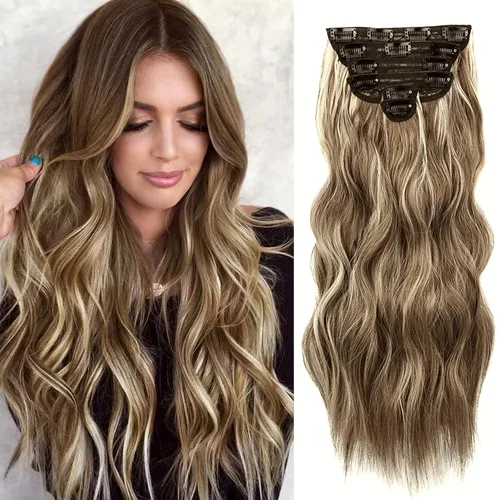 Vista 13 de NAYOO - Extensiones de cabello con clip, extensiones sintéticas onduladas de 20 pulgadas, 6 unidades Wavy Curly Hair, Full Head Coverage, Heat