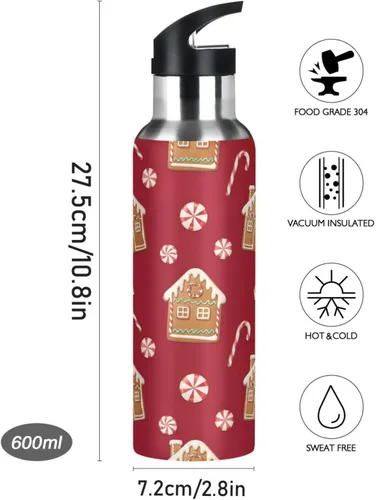 Vista 8 de Insulated Water Bottle 20 Oz, BPA-Free Sport Water Bottle for Gym Outdoor Travel School, Gingerbread Houses