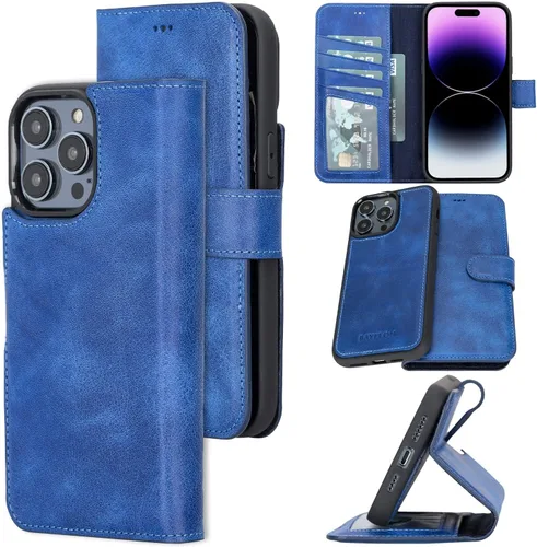 Vista 21 de Bayelon Funda para iPhone 14, funda de cuero de grano completo, [2 en 1], funda magnética desmontable con ranuras para tarjetas, soporte y función