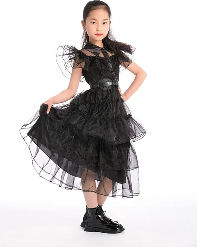 Vista 6 de CFNRHEOU Wednesday Addams Dress for Kids Girls,Family Party Dress Up Cosplay Outfit Gothic Dress Halloween Costumes with Hair