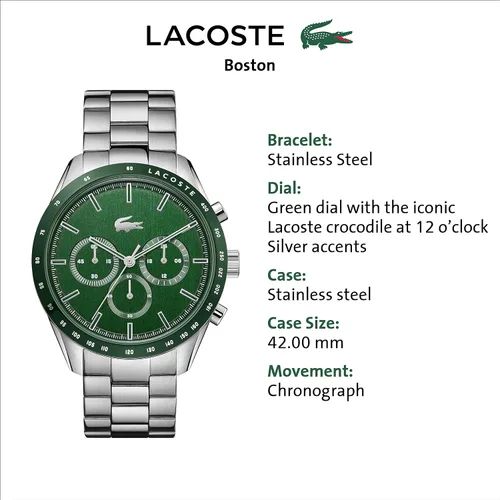 Vista 6 de Lacoste Reloj Boston de cuarzo para hombre con correa de acero inoxidable, plata, 20 (Modelo 2011080), Plateado, Reloj de cuarzo