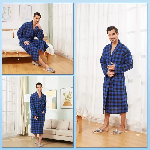 Vista 6 de FashGudim Bata de algodón a cuadros para hombre, ligera, con cuello de chal, kimono, ropa de dormir, ropa de descanso, batas de casa