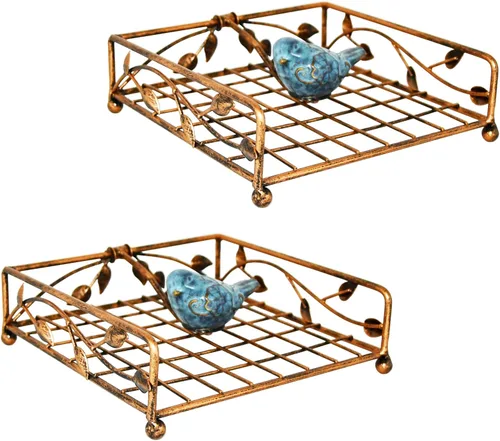 Vista 6 de OwlGift Collection - Soporte para servilletas plano de metal con revestimiento negro con pájaro de cerámica, cocina y encimera, organizador