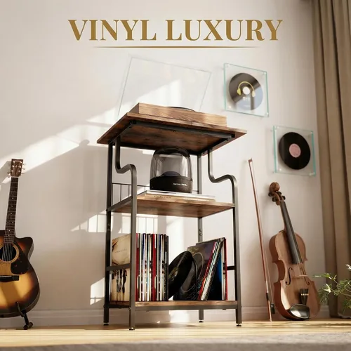 Vista 14 de Soporte para tocadiscos, mesa para tocadiscos de 3 niveles, almacenamiento de discos de vinilo con escritorio extragrande, mesa auxiliar para discos