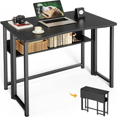 Vista 16 de Huuger Escritorio Plegable con Estante de Almacenamiento, Mesa de Computadora Plegable de 31.5 Pulgadas para Espacios Pequeños, Mesa de Sofá que