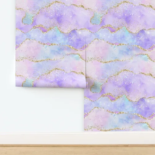 Vista 4 de Spoonflower Papel tapiz para despegar y pegar, acuarela pastel, lila, morado, lavanda, azul, púrpura, nubes, cielo, papel tapiz extraíble