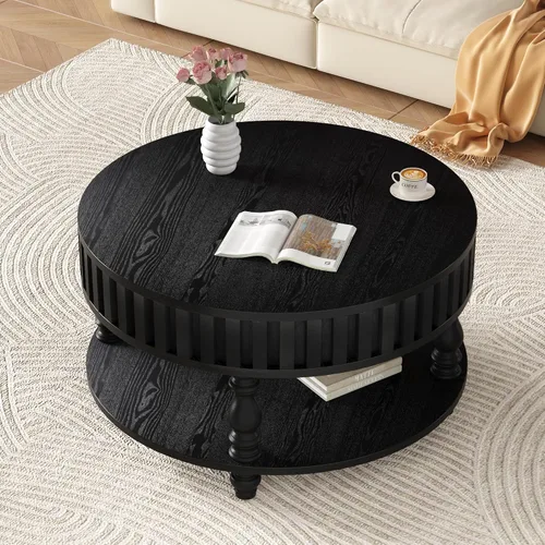 Vista 4 de Mesa de centro redonda de madera de 31.49 pulgadas con almacenamiento, mesa de centro circular acanalada de 2 niveles con tapa y estante para sala