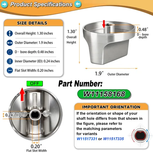 Vista 5 de Metal sólido W11158168 para reemplazos de perillas eléctricas de Whirlpool