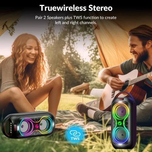 Vista 4 de Altavoces Bluetooth inalámbricos: sonido fuerte de 120 dB, 8 luces LED dinámicas, 5 modos RGB, Bluetooth 5.3, entrada TWS/USB/TF/AUX/FM/Mic, mango