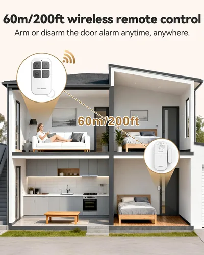 Vista 3 de TECKNET Alarma de puerta inalámbrica con control remoto, sensor de puerta de 130 dB con flash LED, 4 modos de alerta y 5 volúmenes ajustables