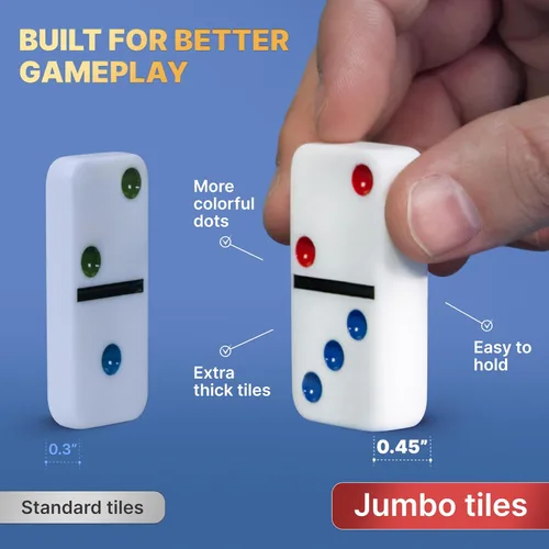 Vista 2 de Queensell Juego de dominó de tren mexicano doble 12 – Juego de dominó jumbo para adultos, 91 azulejos con puntos coloridos, cubo de madera, tren