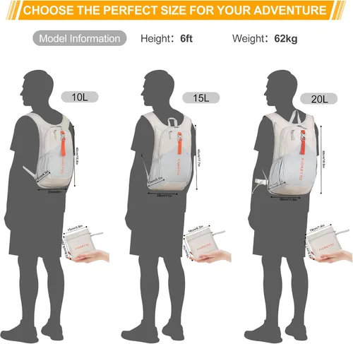 Vista 6 de FIORETTO Mochila de 15L para senderismo para mujeres y hombres, mochila mini plegable, mochila ligera pequeña para acampar, viajar, actividades al