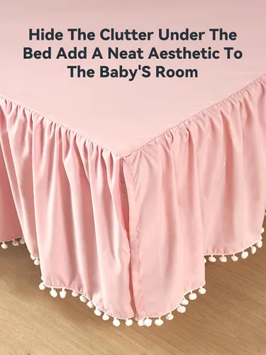Vista 4 de TILLYOU Falda de cuna de bebé para niñas y niños, falda de cama con volantes con pompones, 28 x 52 pulgadas, caída de 14 pulgadas, rosa
