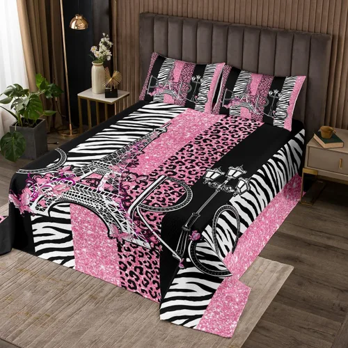 Vista 15 de Juego de colcha con lazo para niños, tamaño individual, diseño de cebra y leopardo con purpurina, decoración de habitación para niñas y mujeres