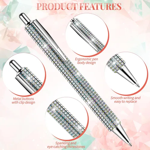 Vista 2 de Bolígrafos brillantes para diamantes de imitación, 4 bolígrafos plateados brillantes con 8 repuestos retráctiles de tinta negra para suministros