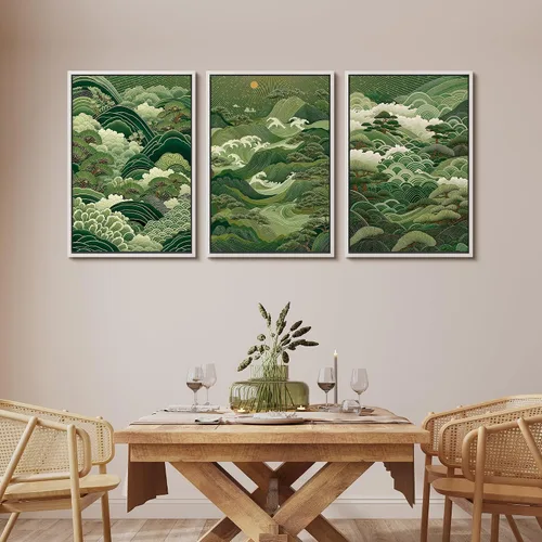 Vista 128 de MUDECOR Lienzo enmarcado para pared, juego de arte de acuarela pastel, bosque de pinos, naturaleza silvestre, ilustraciones modernas, decorativas