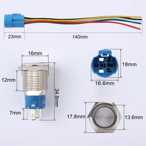 Vista 2 de 2 interruptores de botón de bloqueo de 0.630 in 12V-24V 1NO 1NC impermeable IP66 botón de metal autobloqueante para orificio de montaje de 5/8