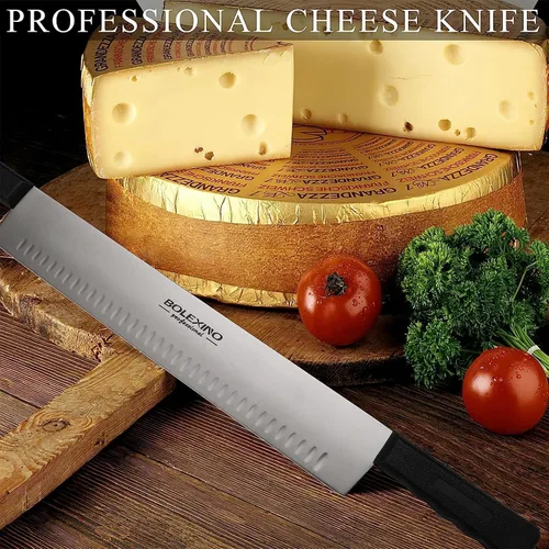 Vista 3 de Cuchillo de queso de doble mango de 15 pulgadas para embutidos, hoja de acero inoxidable de alto carbono con asas de plástico negro de 5 pulgadas