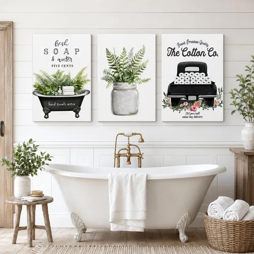Vista 14 de KVTM 3 piezas de arte de pared de baño de granja, diseño de jabón fresco y bañera de agua, impresiones rústicas de flores en lienzo, arte estético
