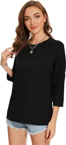 Vista 59 de ZENNILO Camisetas casuales de manga 3/4 para mujer, holgadas, cuello redondo, lindas camisetas básicas