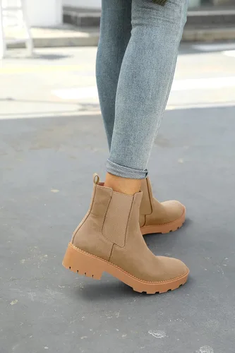 Vista 4 de Coutgo Botas Chelsea con plataforma gruesa y de tacón bajo para mujer, botas de tobillo elásticas de gamuza