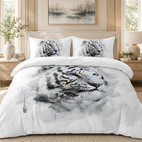 Vista 4 de Juego de funda de edredón con diseño de tigre blanco, tamaño individual, funda de edredón con estampado de animales salvajes, juego de ropa de cama
