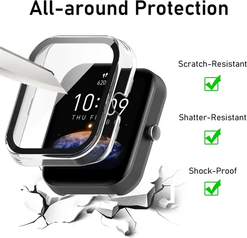 Vista 4 de Compatible con Amazfit Bip 3 Pro, Lamshaw Hard PC Case con protector de pantalla de vidrio templado compatible con Amazfit Bip 3 / Bip 3 Pro Paquete