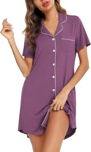 Vista 42 de Samring Camisón de pijama para mujer, manga corta/larga, con botones, camisón para dormir, camisón para novio, talla XXL
