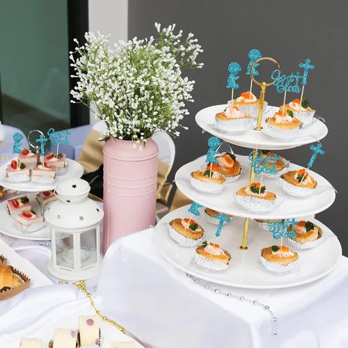 Vista 6 de Gyufise 24 piezas de decoración de cupcakes con purpurina azul que Dios bendiga y cruz, decoración de pastel para baby shower, bautismo, fiesta