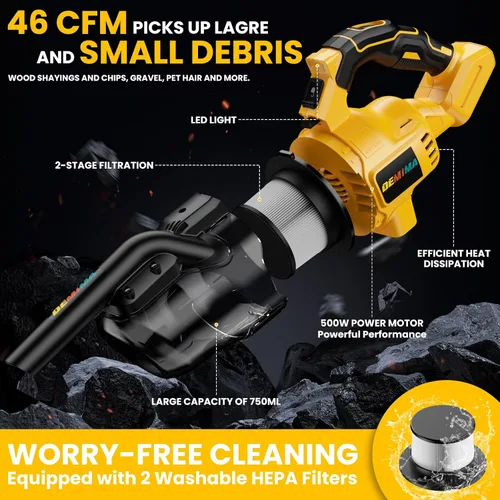 Vista 4 de Aspiradora inalámbrica para batería Dewalt de 20 V, aspiradora de mano ligera 5 en 1 con potente motor de 500 W, aspiradora de mano portátil de 46